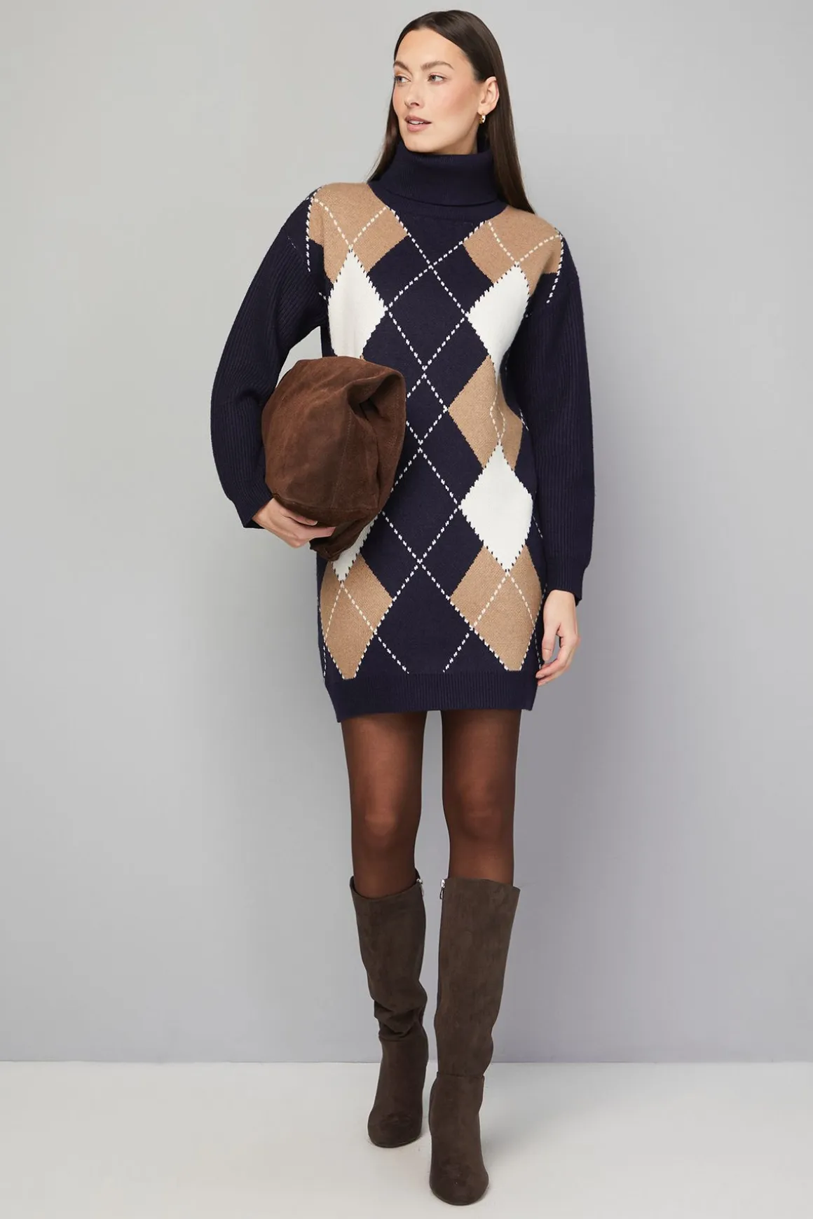 Robe Tricotée Col Roulé Motif Losanges
