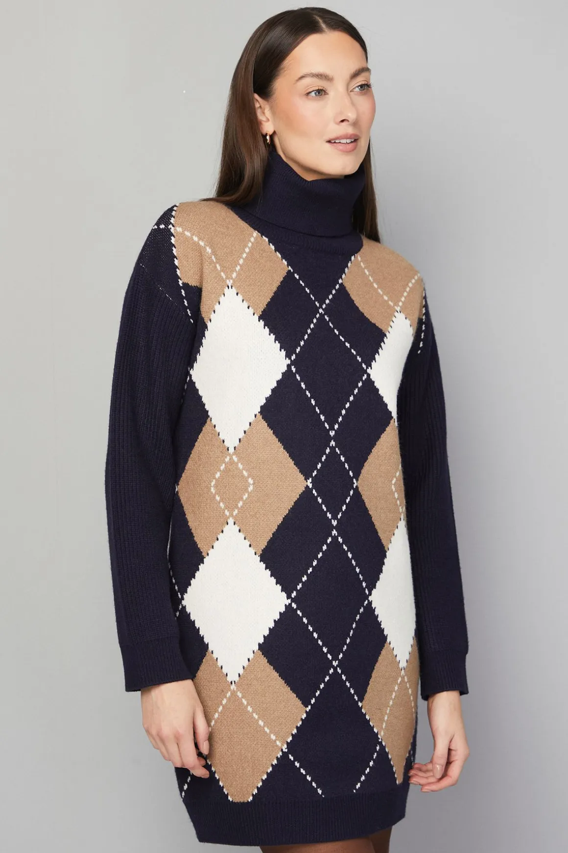 Robe Tricotée Col Roulé Motif Losanges