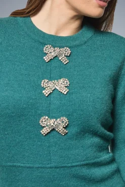 Robe Tricotée à Détails de Nœuds Ornés et Franges