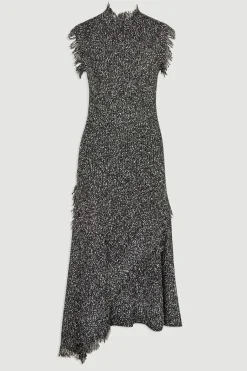 Robe Tricotée en Fil Tweed avec Finitions à Franges