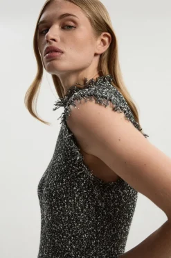 Robe Tricotée en Fil Tweed avec Finitions à Franges