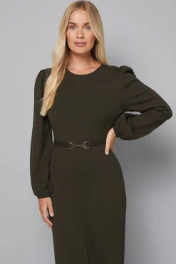 Robe Tricotée à Manches Ballon Ceinturée Petite Taille
