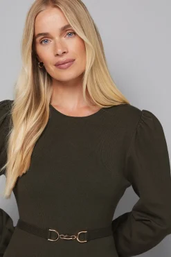 Robe Tricotée à Manches Ballon Ceinturée Petite Taille