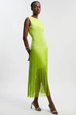 Robe Tricotée Moulante à Bandage avec Ourlet à Pompons