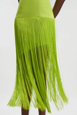 Robe Tricotée Moulante à Bandage avec Ourlet à Pompons
