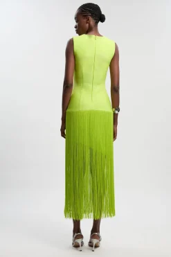 Robe Tricotée Moulante à Bandage avec Ourlet à Pompons