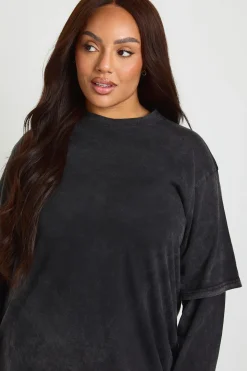 Robe T-Shirt Grande Taille Délavé Acide à Double Épaisseur