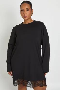 Robe T-shirt Grande Taille à Manches Longues avec Ourlet en Dentelle