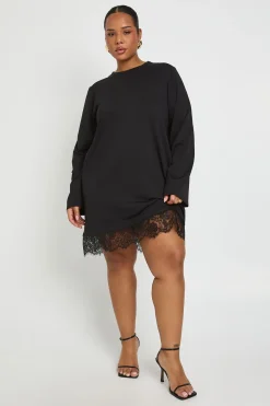 Robe T-shirt Grande Taille à Manches Longues avec Ourlet en Dentelle