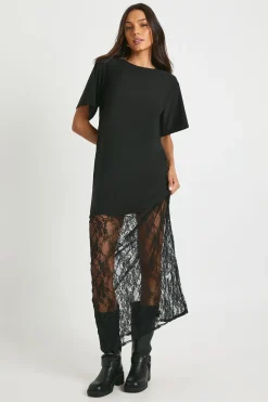 boohoo Robe t-shirt midaxi allongée avec détails en dentelle<Femme Satin Et Dentelle|Robes T-Shirt