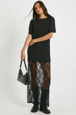 boohoo Robe t-shirt midaxi allongée avec détails en dentelle<Femme Satin Et Dentelle|Robes T-Shirt