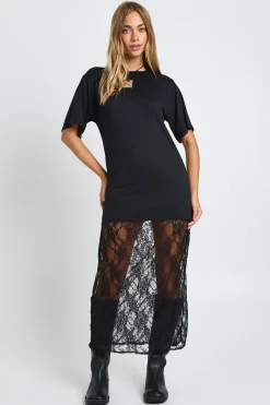 Robe t-shirt midaxi à détails en dentelle Petite