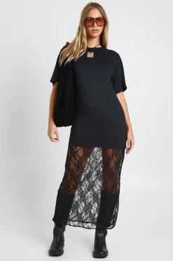Robe t-shirt midaxi à détails en dentelle Petite