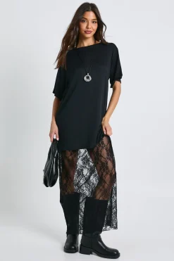 Robe T-shirt Mi-longue à Détails en Dentelle
