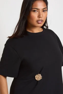Robe T-Shirt Tissée Grande Taille avec Détails de Finition