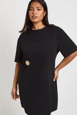 Robe T-Shirt Tissée Grande Taille avec Détails de Finition