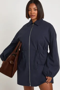 Robe Utilitaire Grande Taille en Sergé de Coton avec Taille Cintrée et Fermeture Éclair
