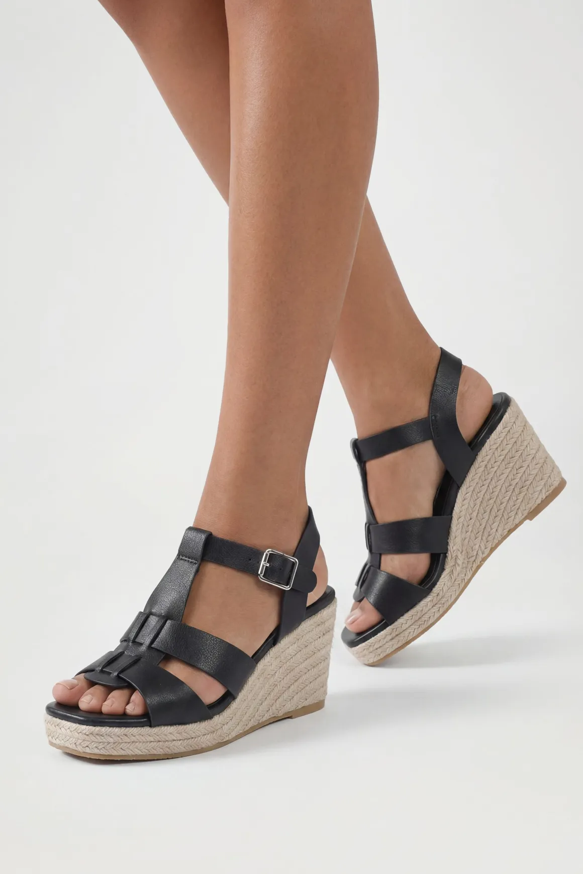Sandales Compensées À Brides En T Coupe Extra Large