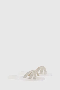 Sandales Mules Croisées En Gelée Ornées De Strass