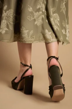 Sandales À Plateforme Et Talon Bloc Haut Melody En Satin Olive Avec Nœud