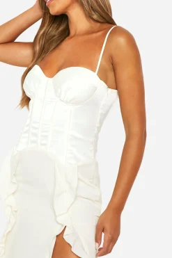 boohoo Satin Chiffon Mix Corset Ruffle Maxi Dress<Femme Robes Corset|Satin Et Dentelle