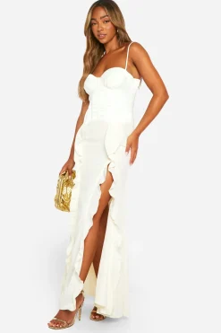 boohoo Satin Chiffon Mix Corset Ruffle Maxi Dress<Femme Robes Corset|Satin Et Dentelle