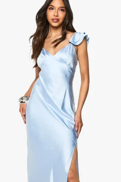 Satin Frill Sleeve Split Maxi Dress