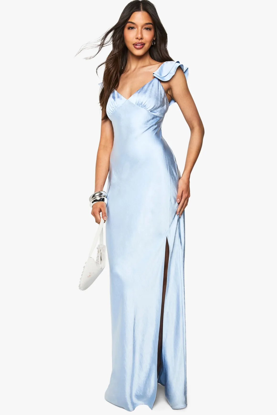 Satin Frill Sleeve Split Maxi Dress