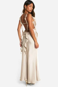 Satin Frill Strap Maxi Dress