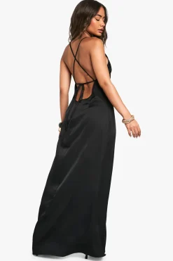 Satin Plongeant Robe Maxi à Fente Frontale