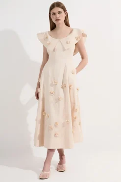 Scattered 3D Floral Applique Woven Midi