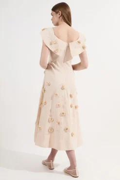 Scattered 3D Floral Applique Woven Midi