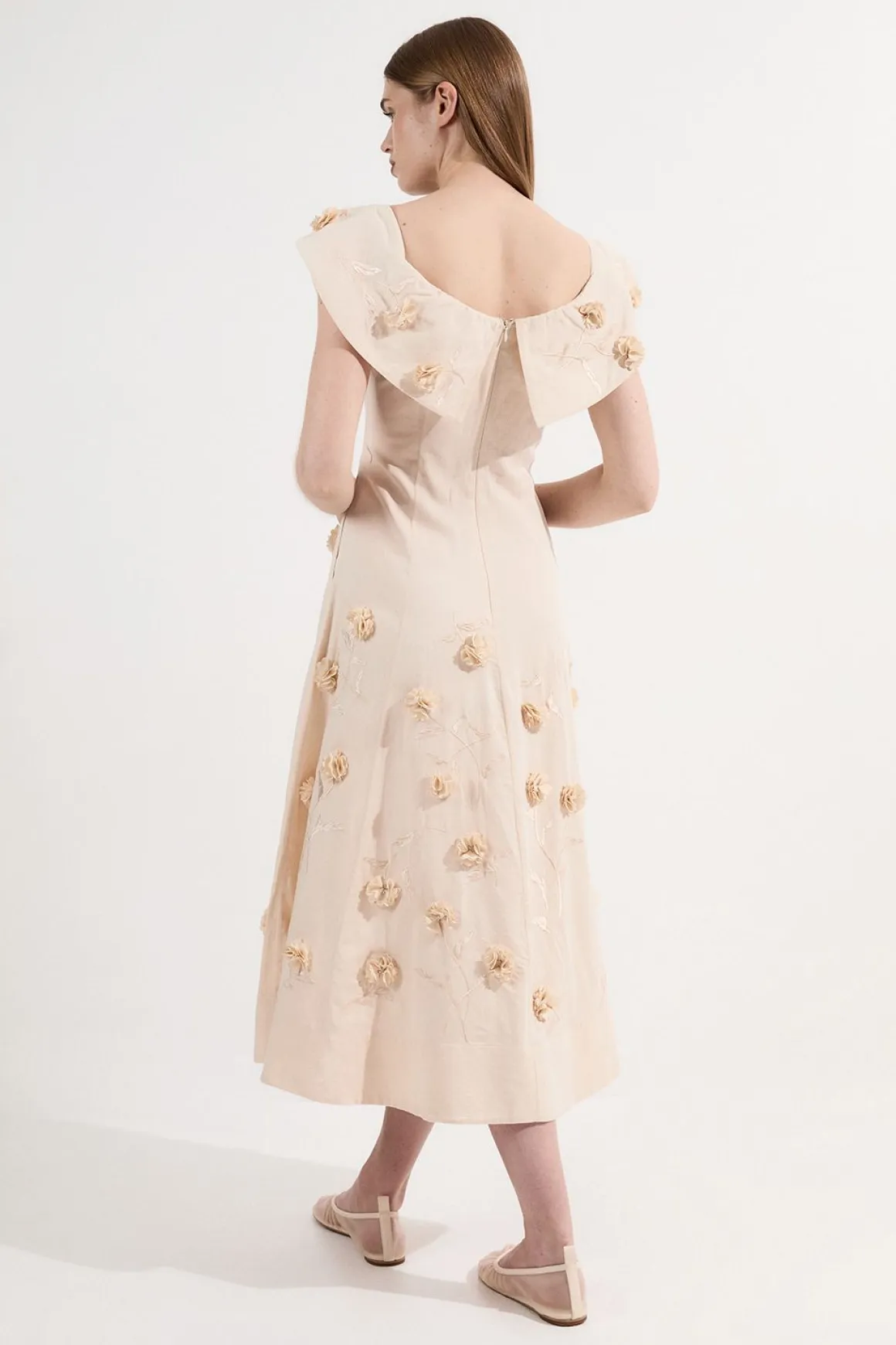 Scattered 3D Floral Applique Woven Midi