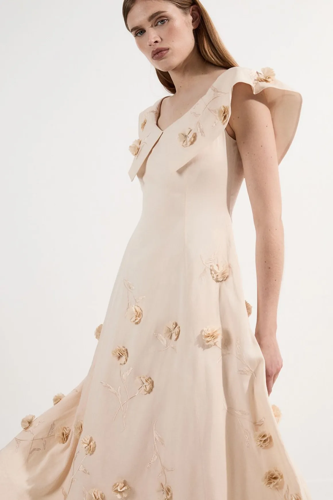 Scattered 3D Floral Applique Woven Midi