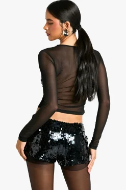 boohoo Sequin Bust Long Sleeve Mesh Top<Femme Tops