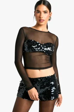 boohoo Sequin Bust Long Sleeve Mesh Top<Femme Tops
