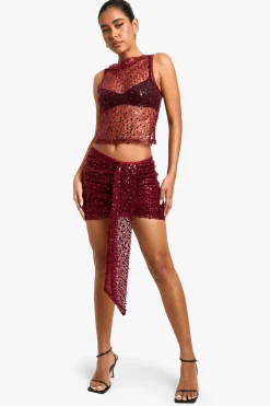 boohoo Sequin Sheer Racer Vest<Femme Tops|Looks Bordeaux