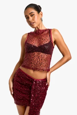 boohoo Sequin Sheer Racer Vest<Femme Tops|Looks Bordeaux