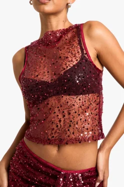 boohoo Sequin Sheer Racer Vest<Femme Tops|Looks Bordeaux