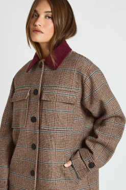Shacket en laine surdimensionné à motif chevron avec col en corde contrastante