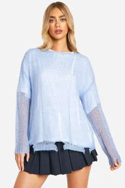 Sheer Distressed Oversized Lightweight Jumper — Pull transparent délavé, surdimensionné et léger