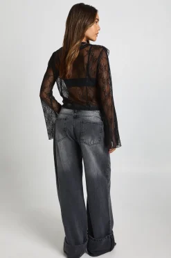 Sheer Lace Ruffle Blouse