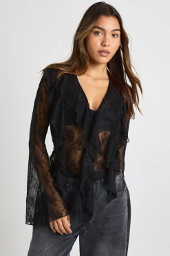 Sheer Lace Ruffle Blouse