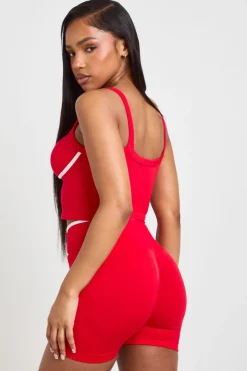 Short Actif Sans Couture Côtelé À Détails Contrastants Avec Effet Gainant Et Taille Cache-cœur