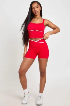 Short Actif Sans Couture Côtelé À Détails Contrastants Avec Effet Gainant Et Taille Cache-cœur