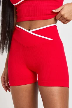 Short Actif Sans Couture Côtelé À Détails Contrastants Avec Effet Gainant Et Taille Cache-cœur