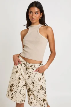 Short Bermuda En Jean Imprimé Animal Taille Mi-haute
