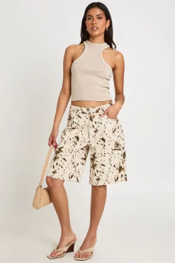Short Bermuda En Jean Imprimé Animal Taille Mi-haute