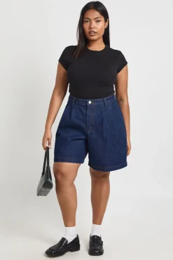 Short Boyfriend En Denim Plissé Grande Taille