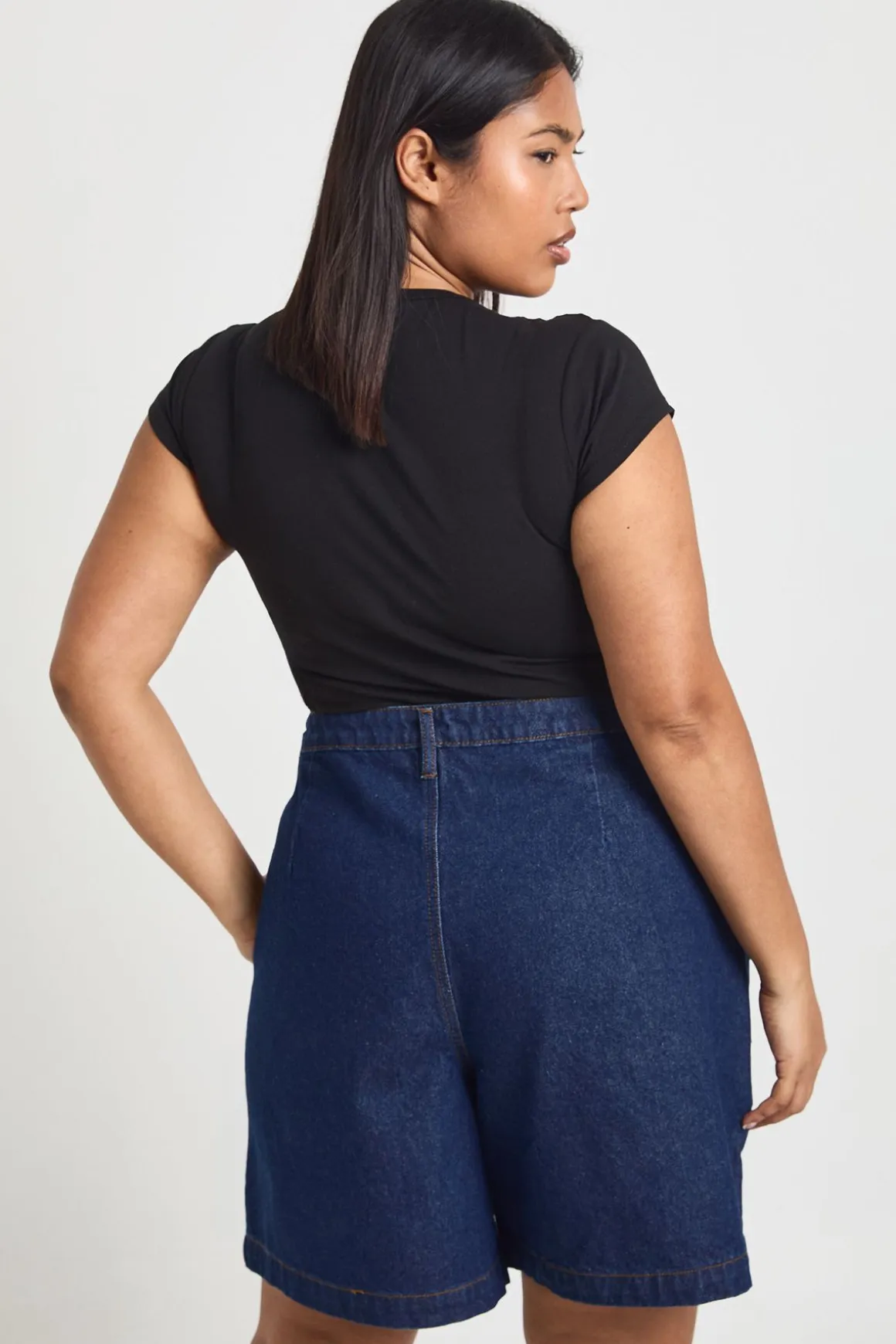 Short Boyfriend En Denim Plissé Grande Taille